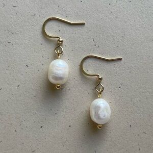 Gold Freshwater White Pearl Dangle Earrings